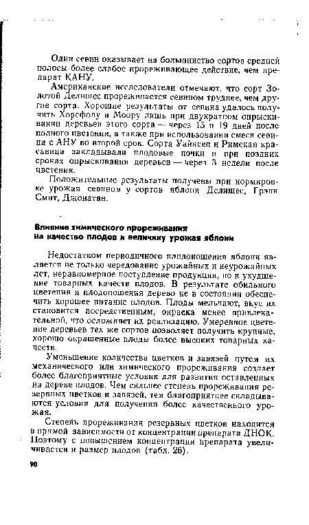 Степень прореживания резервных цветков находится в прямой зависимости от концентрации препарата ДНОК. Поэтому с повышением концентрации препарата увеличивается и размер плодов (табл. 26).