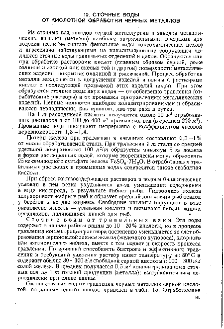 Из сточных вод заводов черной металлургии и заводов металлических изделий (метизов) наиболее загрязненными, вредными для водоема (если не считать фенольные воды коксохимических цехов) и агрессивно действующими на канализационные сооружения являются сточные воды травильных отделений и цехов. Образуются они при обработке растворами кислот (главным образом серной, реже соляной и азотной или смесью той и другой) поверхности металлических изделий, покрытых окалиной и ржавчиной. Процесс обработки металла заключается в погружении изделий в ванны с растворами кислот с последующей промывкой этих изделий водой. При этом образуются сточные воды двух видов — от собственно травления (отработавшие растворы) и от промывки протравленных металлических изделий. Первые являются наиболее концентрированными и сбрасываются периодически, как правило, два-три раза в сутки.