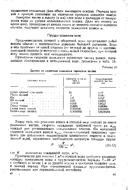 Примерные скорости осаждения зернистых частиц взвеси, выпадающих изолированно в неподвижной воде, приведены в табл. 19.