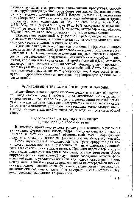 В литейном производстве вода расходуется главным образом на увлажнение формовочной смеси, гидравлическую очистку литья от пригара и выбивку стержней (формовочной смеси, образующей полости в литье), а также на регенерацию отработавших смесей.