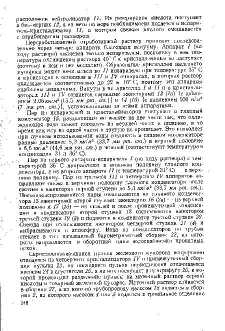 Пар из испарителей и кристаллизаторов поступает в главный конденсатор 15, разделенный по высоте на две части так, что охлаждающая вода может попадать из верхней части в нижнюю, в то время как пар из одной части в другую не проникает. Это позволяет при лучшем использовании воды создавать в главном конденсаторе разные давления: 5,3 кн/м2 (33,7 мм рт. ст.) в верхней половине и 6,6 кн/м2 (44,6 мм рт. ст.) в нижней (соответствуют температурам конденсации 31 и 36° С).