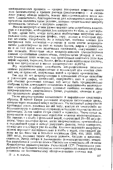 Так как не все микроорганизмы в одинаковой степени способны к утилизации любых соединений, содержащих азот и углерод, то для очистки фенольных сточных вод могут быть предварительно отобраны путем длительного накопления и выращивания многократным пересевом в лабораторных условиях наиболее активные виды микроорганизмов, разрушающих фенол, роданиды, цианиды и другие органические вещества.