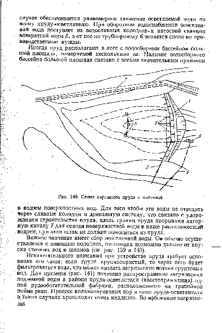 Важное значение имеет сбор осветленной воды. Он обычно осуществляется с помощью колодцев, отстоящих возможно дальше от впуска сточных вод и шламов (см. рис. 139 и 140).