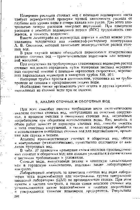 При всех способах очистки необходимо вести систематические анализы состава сточных вод, поступающих на очистные сооружения, в процессе очистки и очищенных сточных вод, подаваемых потребителям при оборотном использовании воды. Вид анализа и объем работ зависят от характера сточных вод,.способа очистки и типа очистных сооружений, а также от последующей обработки и использования очищенных сточных вод для водоснабжения, орошения или спуска в водоем.