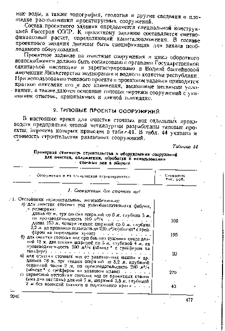 Проектное задание на очистные сооружения и цикл оборотного водоснабжения должно быть согласовано с органами Государственной санитарной инспекции и зарегистрировано в Водной бассейновой инспекции Министерства мелиорации и водного хозяства республики. При использовании типового проекта в проектном задании приводятся краткое описание его и все изменения, вызванные местными условиями, а также даются основные типовые чертежи сооружений с указанием отметок, привязанных к данной площадке.