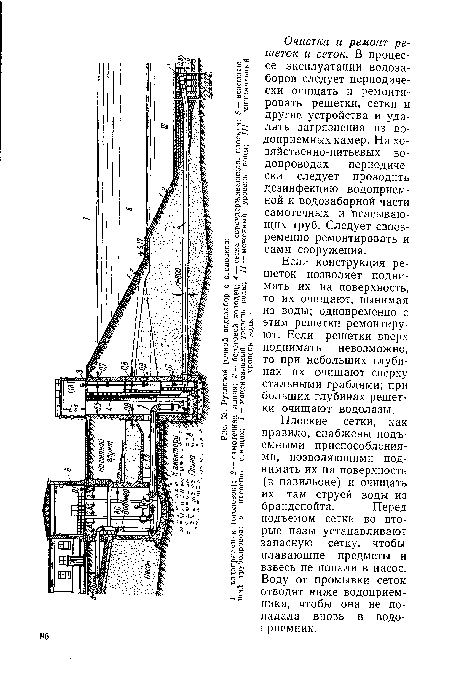 Очистка и ремонт решеток и сеток. В процессе эксплуатации водозаборов следует периодически очищать и ремонтировать решетки, сетки и другие устройства и удалять загрязнения из водоприемных камер. На хозяйственно-питьевых водопроводах периодически следует проводить дезинфекцию водоприемной и водозаборной части самотечных и всасывающих труб. Следует своевременно ремонтировать и сами сооружения.