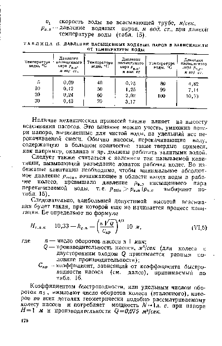 Рв.п—давление водяных паров, м вод. ст., при данной температуре воды (табл. 15).