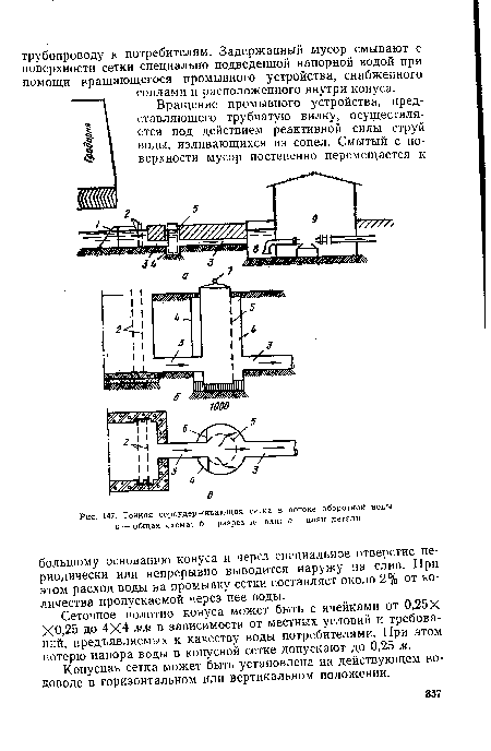 Сеточное полотно конуса может быть с ячейками от 0,25Х Х0,25 до 4X4 мм в зависимости от местных условий и требований, предъявляемых к качеству воды потребителями. При этом потерю напора воды в конусной сетке допускают до 0,25 м.