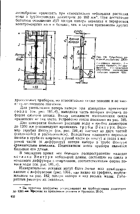 Для уменьшения потерь напора при измерении применяют сопла (см. рис. 181,6), выходная часть которых очерчена по форме сжатого потока. Ввиду сложности изготовления сопла применяют не так часто. Устройство сопла показано на рис. 185.