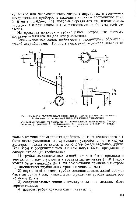 Схема содинительных линий при измерении расхода чистой воды (дифманометр расположен ниже сужающего устройства)