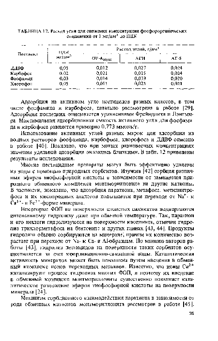 Многие пестицидные препараты могут быть эффективно удалены из воды с помощью природных сорбентов. Изучена [42] сорбция различных эфиров тиофосфорной кислоты в зависимости от замещения природного обменного комплекса монтмориллонита на другие катионы. В частности, показано, что адсорбция паратиона, метафоса, метилнитро-фоса и их кислородных аналогов повышается при переходе от №+- к Са2+- и Ре3+-форме минерала.