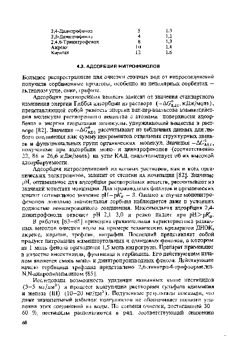 Адсорбция растворенных веществ зависит от значения стандартного изменения энергии Гиббса адсорбции из раствора (—Д6’аДС, кДж/моль), представляющей собой разность энергии ван-дер-ваальсова взаимодействия молекулы растворенного вещества с атомами поверхности адсорбента и энергии гидратации молекулы, удерживающей вещества в растворе [82]. Значение -Д(7°дс рассчитывают из табличных данных для любого соединения как сумму инкрементов отдельных структурных звеньев и функциональных групп органических молекул. Значения — полученные при адсорбции моно- и динитрофенолов (соответственно 23, 86 и 26,6 кДж/моль) на угле КАД, свидетельствует об их высокой адсорбируе мости.