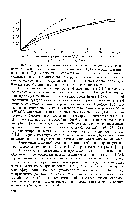 В целом полученные нами результаты позволили оценить возможность применения озона для обезвреживания 2,4-Д в природных и сточных водах. При соблюдении необходимого расхода озона и времени контакта метод окислительной деструкции может быть использован как основной для обезвреживания 2,4-Д при подготовке воды для питьевых целей и для очистки промышленных сточных вод.