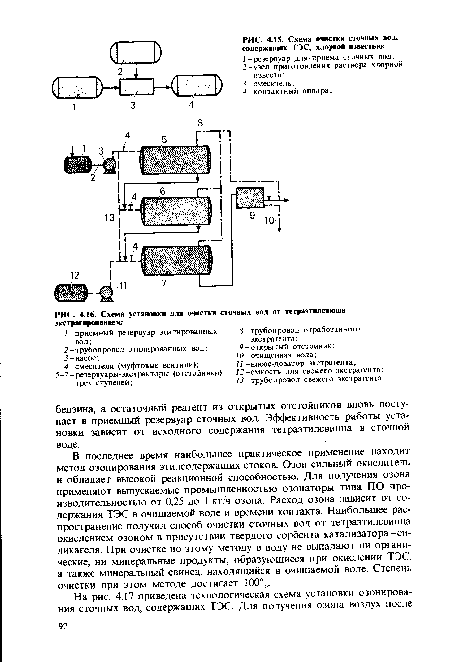 В последнее время наибольшее практическое применение находит метод озонирования этилсодержащих стоков. Озон сильный окислитель и обладает высокой реакционной способностью. Для получения озона применяют выпускаемые промышленностью озонаторы типа ПО производительностью от 0,25 до 1 кг/ч озона. Расход озона зависит от содержания ТЭС в очищаемой воде и времени контакта. Наибольшее распространение получил способ очистки сточных вод от тетраэтилсвинца окислением озоном в присутствии твердого сорбента катализатора-силикагеля. При очистке по этому методу в воду не выпадают ни органические, ни минеральные продукты, образующиеся при окислении ТЭС, а также минеральный свинец, находящийся в очищаемой воде. Степень очистки при этом методе достигает 100° 0.