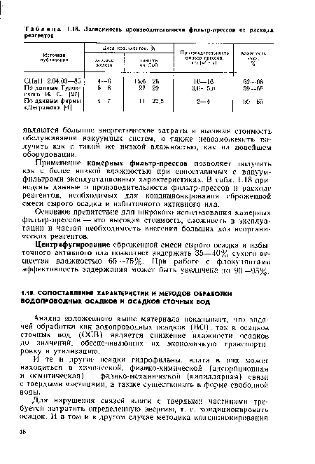 Анализ изложенного выше материала показывает, что задачей обработки как водопроводных осадков (ВО), так и осадков сточных вод (ОСВ) является снижение влажности осадков до значений, обеспечивающих их экономичную транспортировку и утилизацию.