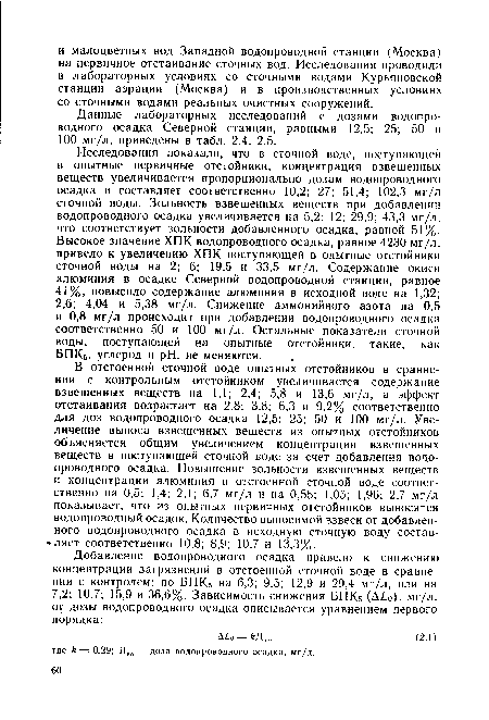 Данные лабораторных исследований с дозами водопроводного осадка Северной станции, равными 12,5; 25; 50 и 100 мг/л, приведены в табл. 2.4, 2.5.