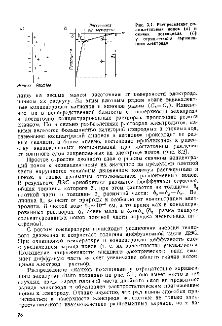 Распределение положительных ионов (а) и скачка потенциала (б) у отрицательно заряженного электрода