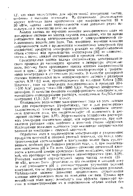 Анализ данных по изучению влияния электрического поля на дисперсные системы во многих случаях показывает, что не всегда учитывается вклад электрохимической и электролитической составляющих воздействия поля. Так, например, изучение влияния напряженности поля с применением алюминиевых электродов при воздействии продуктов электродных реакций на обрабатываемый объем сточных вод производства полистирола [20] не позволяет оценить вклад каждой составляющей в процессе очистки.