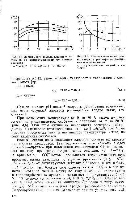 Влияние плотности тока на скорость растворения алюминия при поляризации 1, 2 — соответственно анодной и катодной
