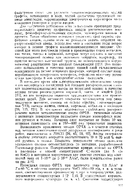 В последнее время при электролитическом производстве хлора и его кислородных соединений все большее распространение находят малоизнашивающиеся аноды на титановой основе; в качестве основы также рекомендуются цирконий, тантал и ниобий [113, 121], но эти материалы являются труднодоступными для практических целей. Для активного покрытия используются или рекомендуются магнетит, сплавы на основе серебра, платиноиридиевые [113], оксиды железа, свинца, марганца, кобальта и палладия [39, 113, 121]. В технологии водоочистки наибольшее распространение нашли металлоокисные аноды ОРТА—титановая основа с активным поверхностным покрытием смесью изоморфных окислов рутения и титана. Толщина слоя покрытия не более 10 мк, истинная поверхность его в 750—800 раз превосходит видимую.