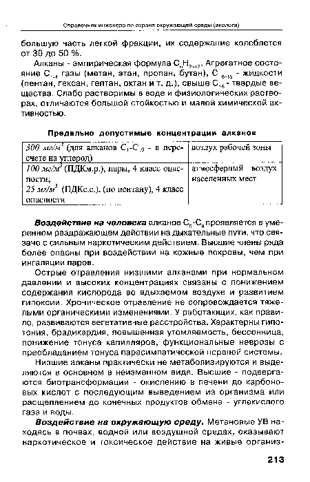 Острые отравления низшими алканами при нормальном давлении и высоких концентрациях связаны с понижением содержания кислорода во вдыхаемом воздухе и развитием гипоксии. Хроническое отравление не сопровождается тяжелыми органическими изменениями. У работающих, как правило, развиваются вегетативные расстройства. Характерны гипотония, брадикардия, повышенная утомляемость, бессонница, понижение тонуса капилляров, функциональные неврозы с преобладанием тонуса парасимпатической нервной системы.