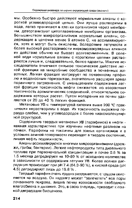 Метановые УВ с температурой кипения выше 200 °С практически нерастворимы в воде. Их токсичность выражена гораздо слабее, чем у углеводородов с более низкомолекулярной структурой.