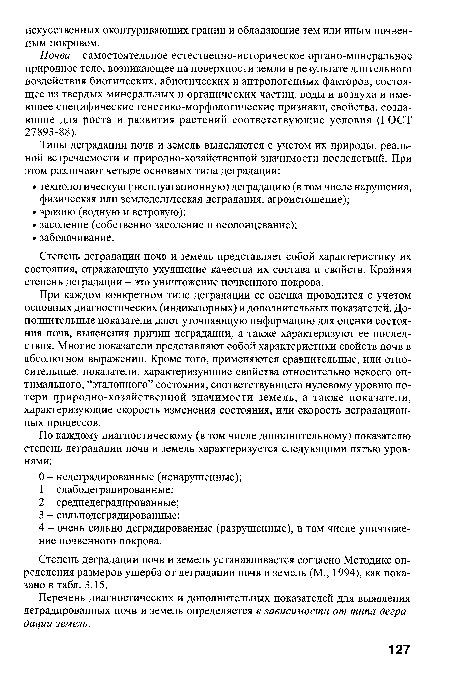 Перечень диагностических и дополнительных показателей для выявления деградированных почв и земель определяется в зависимости от типа деградации земель.