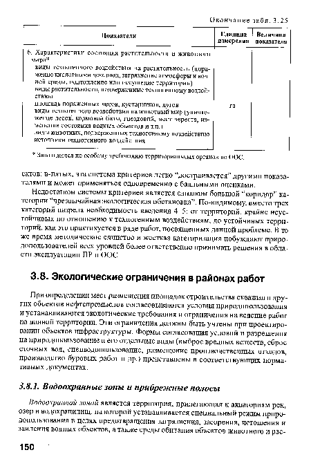 Недостатком системы критериев является слишком большой “коридор” категории “чрезвычайная экологическая обстановка”. По-видимому, вместо трех категорий назрела необходимость введения 4-5: от территорий, крайне неустойчивых по отношению к техногенным воздействиям, до устойчивых территорий, как это практикуется в ряде работ, посвященных данной проблеме. В то же время методическое единство и жесткая категоризация побуждают приро-допользователей всех уровней более ответственно принимать решения в области эксплуатации ПР и ООС.