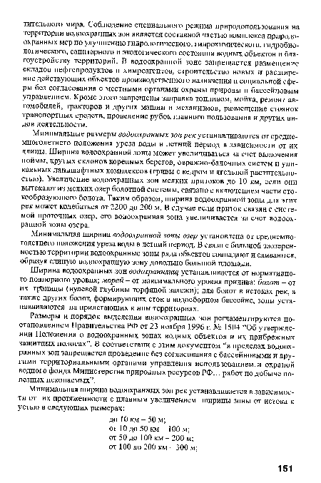 Минимальная ширина водоохранной зоны озер установлена от среднемноголетнего положения уреза воды в летний период. В связи с большой заозерен-ностью территории водоохранные зоны ряда объектов совпадают и сливаются, образуя единую водоохранную зону довольно большой площади.