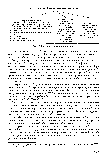 Вода, используемая для заводнения, по свойствам должна быть совместима с пластовой водой, породой коллектора и вытесняемой нефтью (не вызывать образования осадка в пласте и эксплуатационном оборудовании). При этом допустимое содержание в воде механических и химических примесей, железа в окисной форме, нефтепродуктов, кислорода, водорослей и микроорганизмов устанавливается в зависимости от коллекторских свойств и литологической характеристики продуктивных пластов, разбухаемости глинистых частиц.