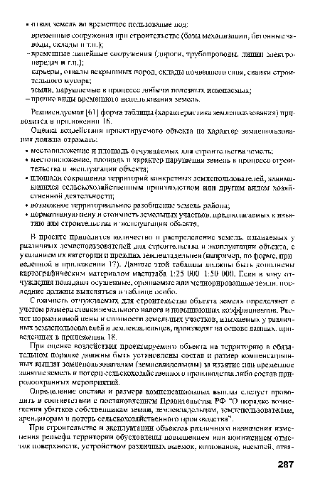 При оценке воздействия проектируемого объекта на территорию в обязательном порядке должны быть установлены состав и размер компенсационных выплат землепользователям (землевладельцам) за изъятие или временное занятие земель и потери сельскохозяйственного производства либо состав природоохранных мероприятий.