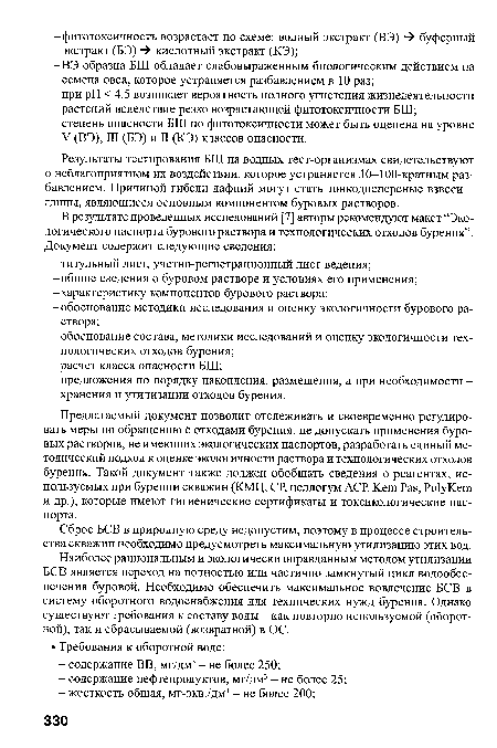 Результаты тестирования БШ на водных тест-организмах свидетельствуют о неблагоприятном их воздействии, которое устраняется ,10-100-кратным разбавлением. Причиной гибели дафний могут стать тонкодисперсные взвеси -глины, являющиеся основным компонентом буровых растворов.