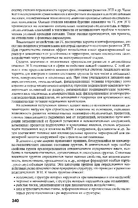 Степень значимости техногенных предпосылок развития и активизации опасных ЭГП оценивается в сфере воздействия каждой скважины. С этой целью в зоне предполагаемого влияния организуется система локального мониторинга для контроля и оценки состояния грунтов (в том числе и насыпных), почв, поверхностных и подземных вод. При этом учитываются литолого-ми-нералогические, геохимические, фильтрационные условия (строение) зоны аэрации и пород четвертичного возраста; строение водоносного комплекса четвертичных отложений по разрезу; региональные геодинамические условия; взаимосвязь подземных и поверхностных вод; фильтрационные неоднородности водоносных комплексов, их оснований и покрышек для артезианских вод; геохимические условия водоносных комплексов.