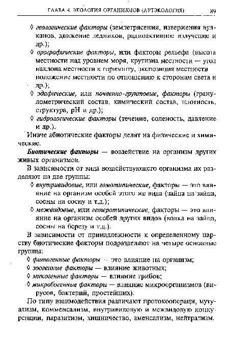 По типу взаимодействия различают протокоопераци, мутуализм, комменсализм, внутривидовую и межвидовую конкуренции, паразитизм, хищничество, аменсализм, нейтрализм.