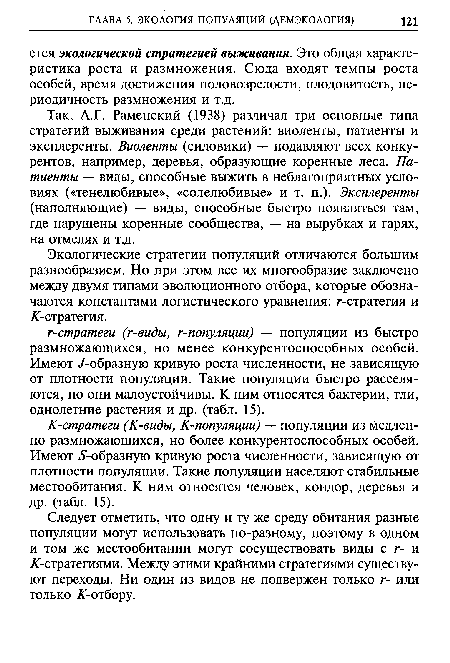 К-стратеги (К-виды, К-популяции) — популяции из медленно размножающихся, но более конкурентоспособных особей. Имеют 5-образную кривую роста численности, зависящую от плотности популяции. Такие популяции населяют стабильные местообитания. К ним относятся человек, кондор, деревья и др. (табл. 15).