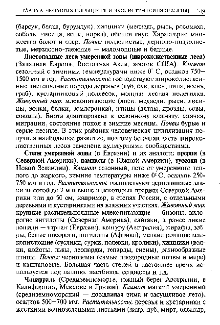 Листопадные леса умеренной зоны (широколиственные леса) (Западная Европа, Восточная Азия, восток США). Климат сезонный с зимними температурами ниже 0° С, осадков 750— 1500 мм в год. Растительность: господствуют широколиственные листопадные породы деревьев (дуб, бук, клен, липа, ясень, граб), кустарниковый подлесок, мощная лесная подстилка. Животный мир , млекопитающие (лоси, медведи, рыси, лисицы, волки, белки, землеройки), птицы (дятлы, дрозды, совы, соколы). Биота адаптирована к сезонному климату: спячка, миграции, состояние покоя в зимние месяцы. Почвы бурые и серые лесные. В этих районах человеческая цивилизация получила наибольшее развитие, поэтому большая часть широколиственных лесов заменена культурными сообществами.