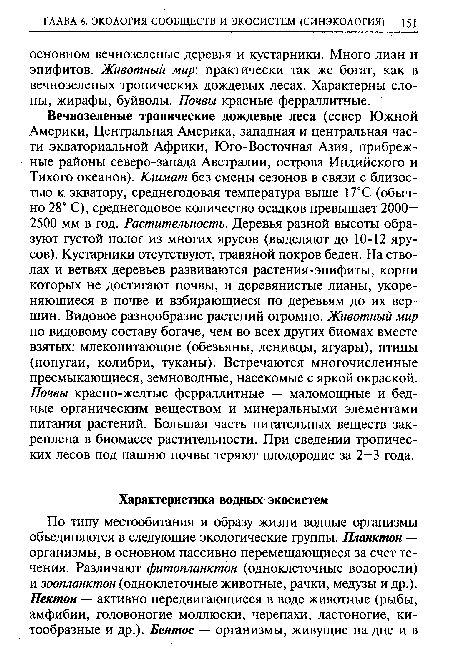 Вечнозеленые тропические дождевые леса (север Южной Америки, Центральная Америка, западная и центральная части экваториальной Африки, Юго-Восточная Азия, прибрежные районы северо-запада Австралии, острова Индийского и Тихого океанов). Климат без смены сезонов в связи с близостью к экватору, среднегодовая температура выше 17°С (обычно 28° С), среднегодовое количество осадков превышает 2000— 2500 мм в год. Растительность. Деревья разной высоты образуют густой полог из многих ярусов (выделяют до 10-12 ярусов). Кустарники отсутствуют, травяной покров беден. На стволах и ветвях деревьев развиваются растения-эпифиты, корни которых не достигают почвы, и деревянистые лианы, укореняющиеся в почве и взбирающиеся по деревьям до их вершин. Видовое разнообразие растений огромно. Животный мир по видовому составу богаче, чем во всех других биомах вместе взятых: млекопитающие (обезьяны, ленивцы, ягуары), птицы (попугаи, колибри, туканы). Встречаются многочисленные пресмыкающиеся, земноводные, насекомые с яркой окраской. Почвы красно-желтые ферраллитные — маломощные и бедные органическим веществом и минеральными элементами питания растений. Большая часть питательных веществ закреплена в биомассе растительности. При сведении тропических лесов под пашню почвы теряют плодородие за 2—3 года.