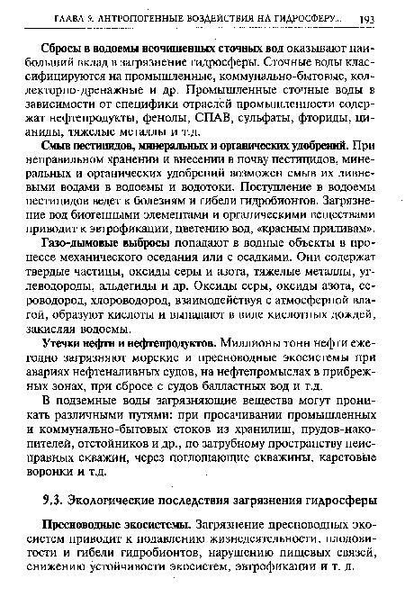 Утечки нефти и нефтепродуктов. Миллионы тонн нефти ежегодно загрязняют морские и пресноводные экосистемы при авариях нефтеналивных судов, на нефтепромыслах в прибрежных зонах, при сбросе с судов балластных вод и т.д.