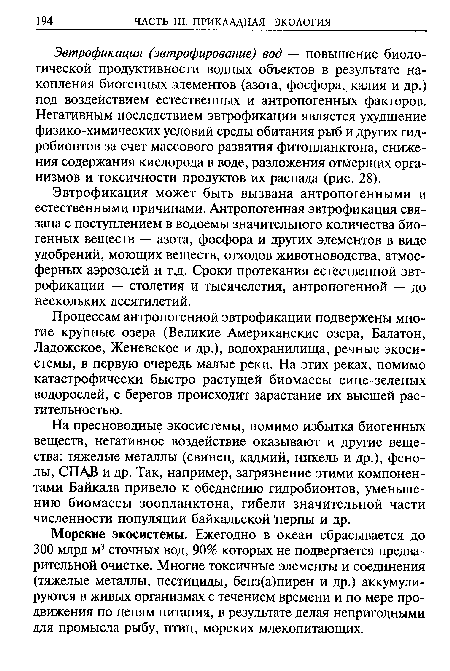 Эвтрофикация (эвтрофирование) вод — повышение биологической продуктивности водных объектов в результате накопления биогенных элементов (азота, фосфора, калия и др.) под воздействием естественных и антропогенных факторов. Негативным последствием эвтрофикации является ухудшение физико-химических условий среды обитания рыб и других гид-робионтов за счет массового развития фитопланктона, снижения содержания кислорода в воде, разложения отмерших организмов и токсичности продуктов их распада (рис. 28).