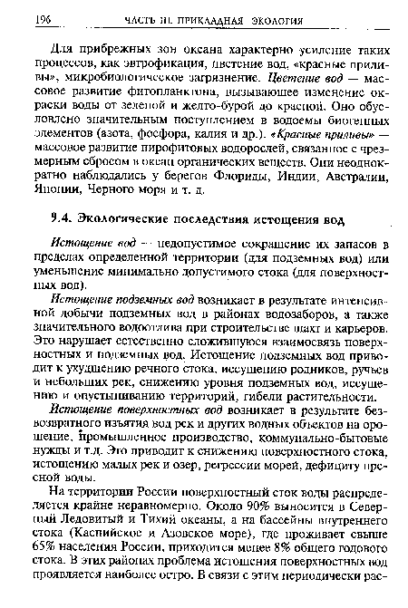 Истощение подземных вод возникает в результате интенсивной добычи подземных вод в районах водозаборов, а также значительного водоотлива при строительстве шахт и карьеров. Это нарушает естественно сложившуюся взаимосвязь поверхностных и подземных вод. Истощение подземных вод приводит к ухудшению речного стока, иссушению родников, ручьев и небольших рек, снижению уровня подземных вод, иссушению и опустыниванию территорий, гибели растительности.