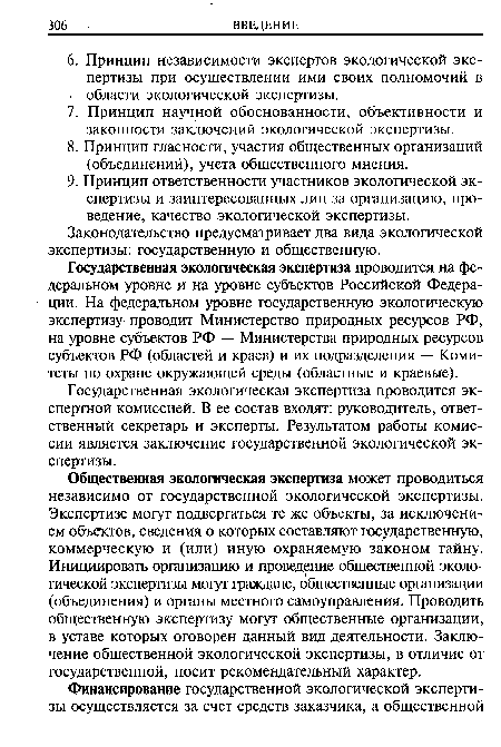 Государственная экологическая экспертиза проводится на федеральном уровне и на уровне субъектов Российской Федерации. На федеральном уровне государственную экологическую экспертизу проводит Министерство природных ресурсов РФ, на уровне субъектов РФ — Министерства природных ресурсов субъектов РФ (областей и краев) и их подразделения — Комитеты по охране окружающей среды (областные и краевые).