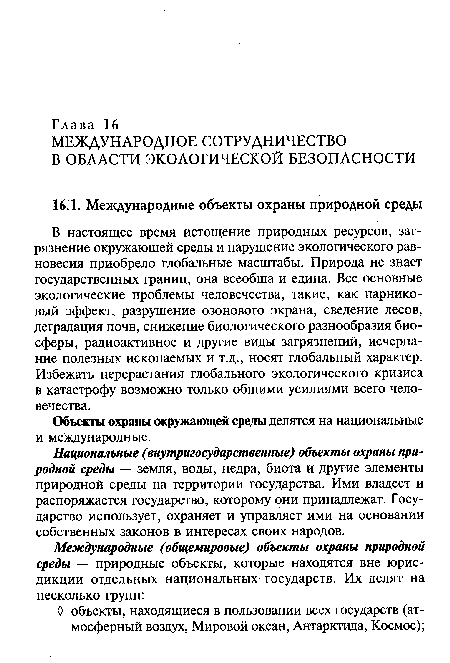 Национальные (внутригосударственные) объекты охраны природной среды — земля, воды, недра, биота и другие элементы природной среды на территории государства. Ими владеет и распоряжается государство, которому они принадлежат. Государство использует, охраняет и управляет ими на основании собственных законов в интересах своих народов.