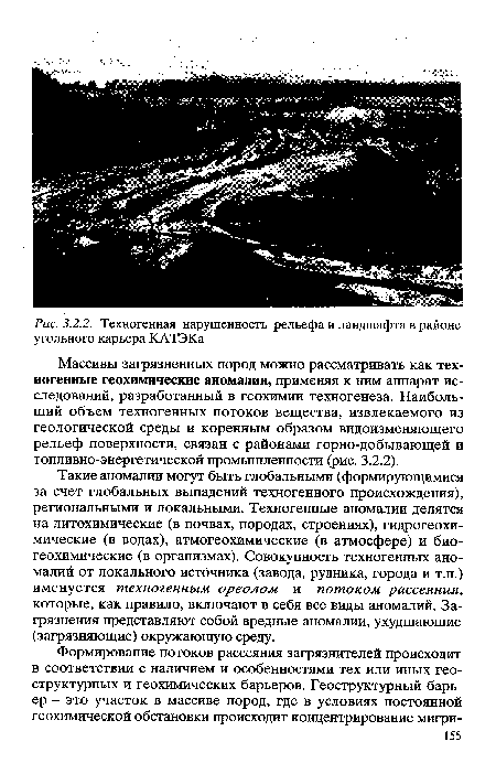 Такие аномалии могут быть глобальными (формирующимися за счет глобальных выпадений техногенного происхождения), региональными и локальными. Техногенные аномалии делятся на литохимические (в почвах, породах, строениях), гидрогеохимические (в водах), атмогеохимические (в атмосфере) и био-геохимические (в организмах). Совокупность техногенных аномалий от локального источника (завода, рудника, города и т.п.) именуется техногенным ореолом и потоком рассеяния, которые, как правило, включают в себя все виды аномалий. Загрязнения представляют собой вредные аномалии, ухудшающие (загрязняющие) окружающую среду.