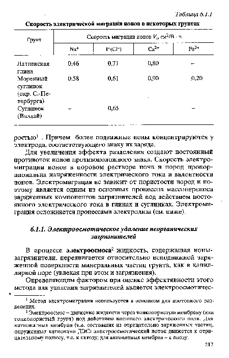 В процессе электроосмоса2 жидкость, содержащая ионы-загрязнители, передвигается относительно неподвижной заряженной поверхности минеральных частиц грунта, как в капиллярной поре (увлекая при этом и загрязнения).