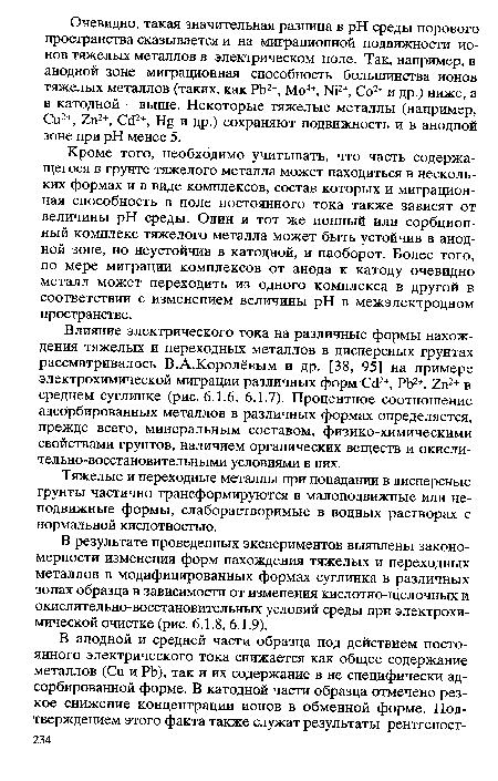 В результате проведенных экспериментов выявлены закономерности изменения форм нахождения тяжелых и переходных металлов в модифицированных формах суглинка в различных зонах образца в зависимости от изменения кислотно-щелочных и окислительно-восстановительных условий среды при электрохимической очистке (рис. 6.1.8,6.1.9).