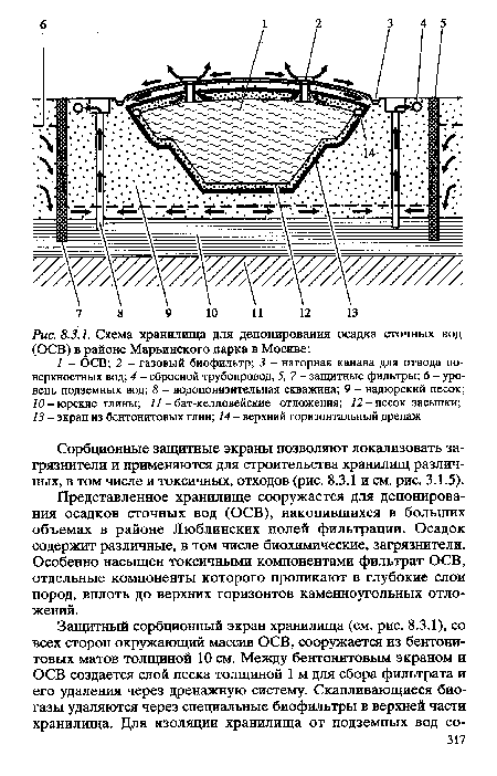 Представленное хранилище сооружается для депонирования осадков сточных вод (ОСВ), накопившихся в больших объемах в районе Люблинских полей фильтрации. Осадок содержит различные, в том числе биохимические, загрязнители. Особенно насыщен токсичными компонентами фильтрат ОСВ, отдельные компоненты которого проникают в глубокие слои пород, вплоть до верхних горизонтов каменноугольных отложений.