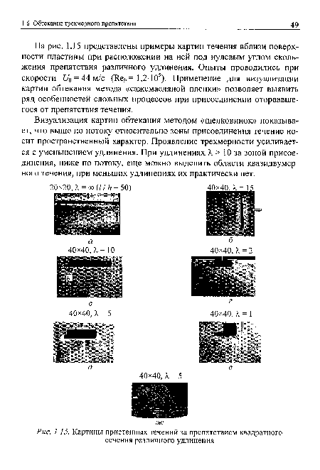 Картины пристенных течений за препятствием квадратного сечения различного удлинения