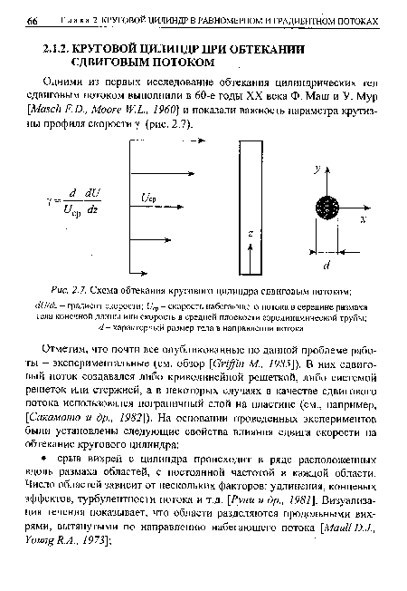 Одними из первых исследование обтекания цилиндрических тел сдвиговым потоком выполнили в 60-е годы XX века Ф. Маш и У. Мур [Masch F.D., Moore W.L., I960] и показали важность параметра крутизны профиля скорости у (рис. 2.7).