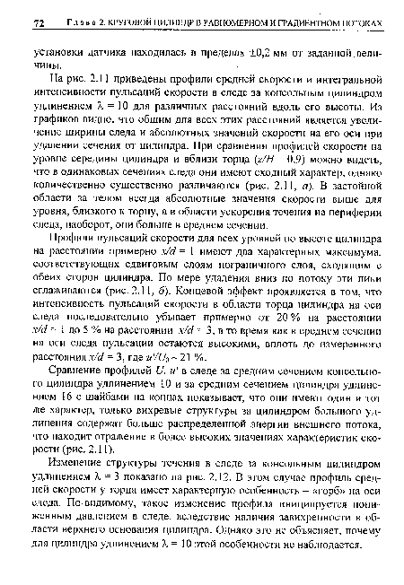 На рис. 2.11 приведены профили средней скорости и интегральной интенсивности пульсаций скорости в следе за консольным цилиндром удлинением X = 10 для различных расстояний вдоль его высоты. Из графиков видно, что общим для всех этих расстояний является увеличение ширины следа и абсолютных значений скорости на его оси при удалении сечения от цилиндра. При сравнении профилей скорости на уровне середины цилиндра и вблизи торца (г/Н = 0,9) можно видеть, что в одинаковых сечениях следа они имеют сходный характер, однако количественно существенно различаются (рис. 2.11, а). В застойной области за телом всегда абсолютные значения скорости выше для уровня, близкого к торцу, а в области ускорения течения на периферии следа, наоборот, они больше в среднем сечении.