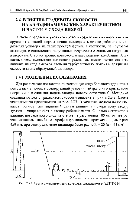 Для реализации поставленной задачи цилиндр большого удлинения помещался в поток, моделирующий условия нейтрального приземного пограничного слоя для подстилающей поверхности типа С. Методика создания потока с градиентом скорости описана в пункте 2.3.3. Схема эксперимента представлена на рис. 2.21. В качестве модели использовался цилиндр, закрепленный одним концом к поворотному столу, другим - упиравшийся в стенку рабочей части. С целью исключения влияния пограничного слоя на стенке на расстоянии 100 мм от нее устанавливалась шайба с профилированными кромками диаметром 450 мм, при этом удлинение цилиндра было равно X = 20 (с/ = 44 мм).